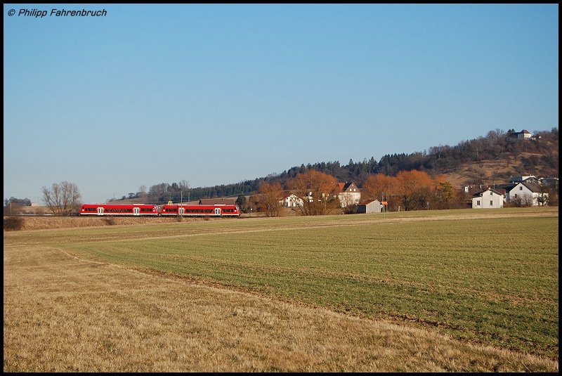 Zwei 650er sind am 19.02.08 unterwegs als RE 22541 von Crailsheim nach Ulm Hbf, aufgenommen bei Goldshfe.