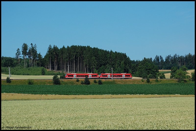 Zwei 650er sind am Morgen des 05.07.08 unterwegs als RE 22523 von Crailsheim nach Ulm Hbf, aufgenommen bei Rainau-Schwabsberg an der Oberen Jagsttalbahn (KBS 786).