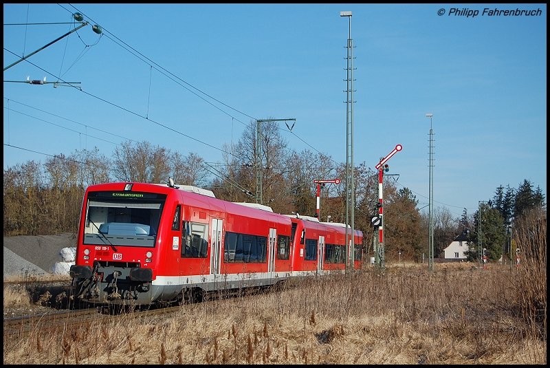 Zwei 650er verlassen am Morgen des 03.02.08 als RE 22518 den Goldshfer Regionalbahnhof und erreichen nach Halt in Schwabsberg und Schrezheim den Zielbahnhof Ellwangen.