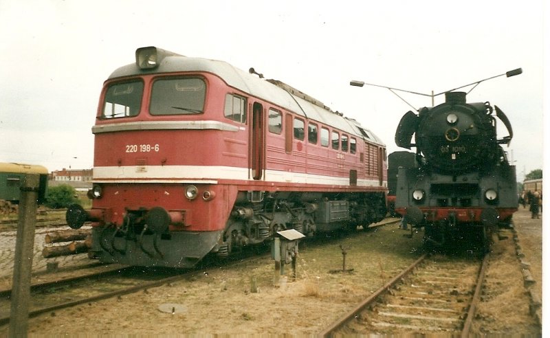 Zwei Bahnlegenden auf einer Lokausstellung im Juli 1998 in Wismar.Neben der 03 1010 Taigatrommel 220 198.