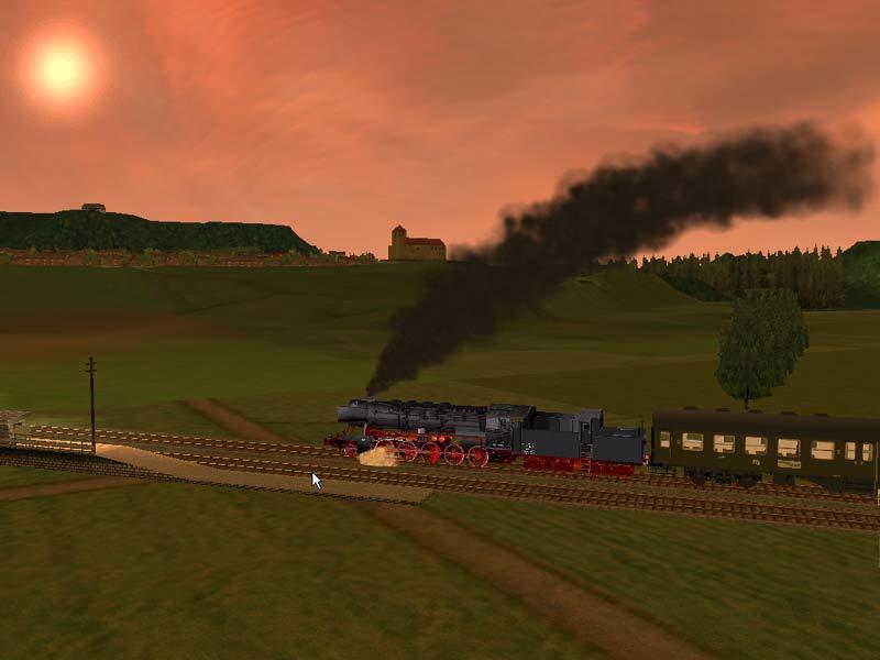 Zwei Bilder von der Trainsimulatorstrecke Hameln Lhne. Eine Lok der BR 50 mit 4yg Wagen. Im Hintergrund die Schaumburg.