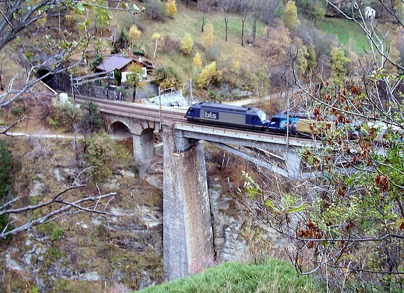 Zwei BR 465 der BLS mit Containerzug fahren am 09.11.2006 talwrts ber das Baltschieder-Viadukt nach Brig, etwas zu frh auf den Auslser gedrckt. Leider habe ich keinen Standpunkt gefunden, wo ich das ganze Viadukt aufnehmen konnte, nur  in Raten  (zu viele Bume).