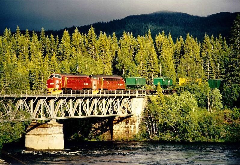 Zwei Di3 mit einem Gterzug nach Bod auf der Nordlandsbahn im Juni 1994 in der Nhe von Grong.