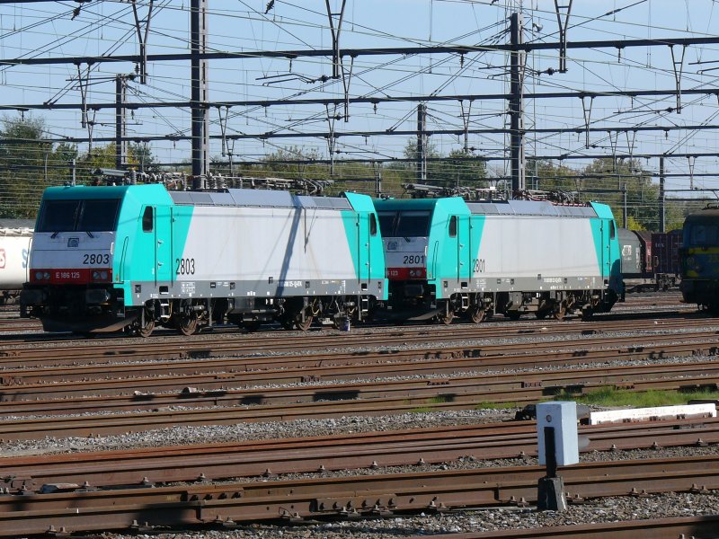 Zwei der letzten Neuanschaffungen der SNCB sonnen sich im Bahnhof Montzen : 2803 + 2801. Aufgenommen am 12/10/2008.