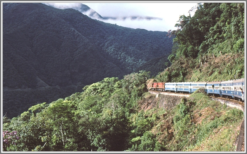 Zwei Lokomotiven fhren den normalen Personenzug mit bis zu 12 Wagen ber die Sierra Verde hinunter nach Paranagua.(Archiv 02/1979)