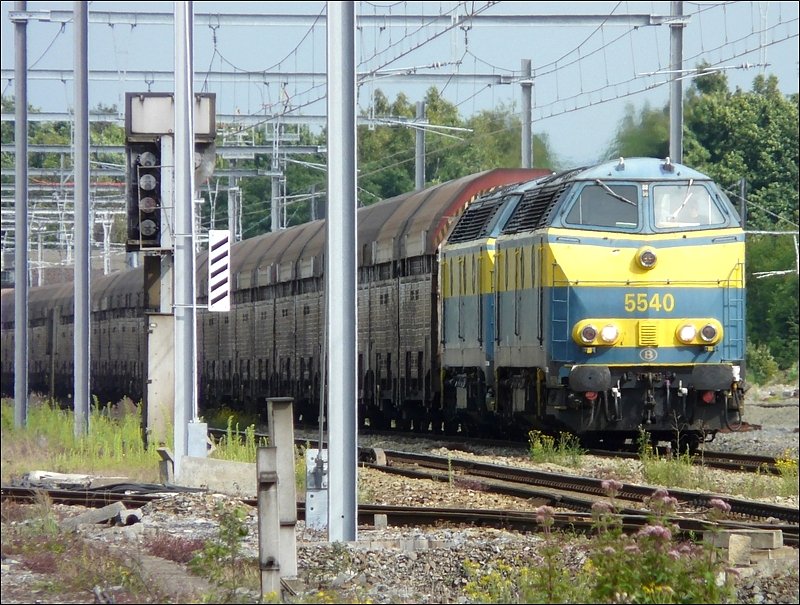 Zwei Loks der BR 55  dieseln  mit einem Autozug durch den Bahnhof von Montzen am 12.07.08. (Jeanny)