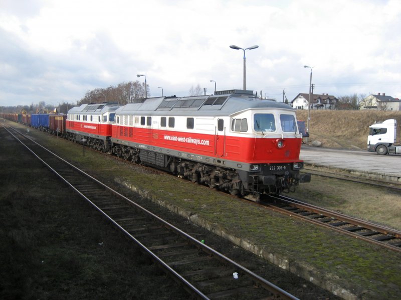 Zwei  Ludmiła  mit einem Gterzug am 27.02.2009 in Lipno. Als erste steht 232 309-5.
