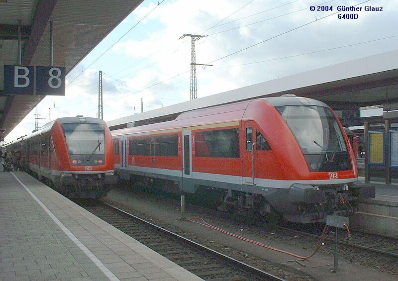 Zwei  Modus -Nahverkehrsz�ge (Steuerwagen ABpybdzf) am 07.02.2004 in N�rnburg Hbf. Diese Wagen sind vor allem bei �lteren Fahrg�sten wegen ihren hohen und steilen Einstiegsstufen nicht besonders beliebt.