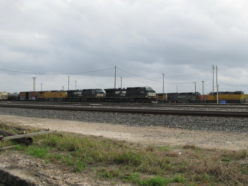 Zwei NS Loks und eine UP Lok mit einem Gterzug am 4.2.2008 in Houston (Texas). Rechts im Hintergrund sind UP Loks in einem Betriebswerk zu sehen.