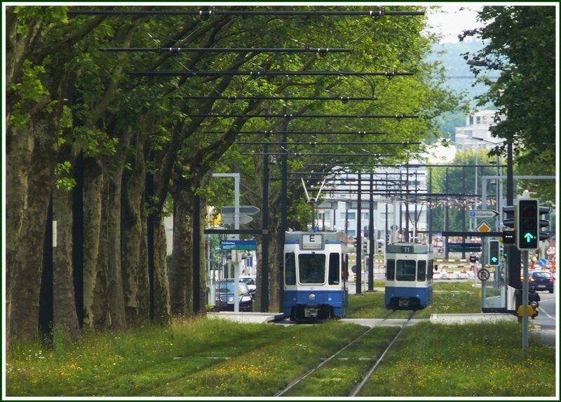 Zwei Trams der Serie 2000 fotografiert aus dem Panoramaende eines vorausfahrenden Cobra-Trams bei der Haltestelle Glattpark. (18.06.2008)