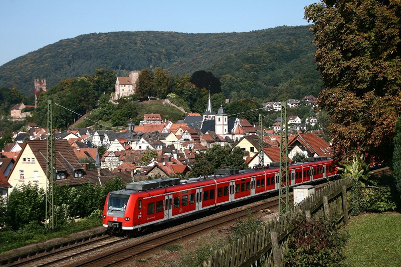 Zwei Triebzge der Baureihe 425 der S-Bahn Rhein Neckar sind am 27. September 2008 als S1 (Homburg - Osterburken) bei Neckarsteinach unterwegs.