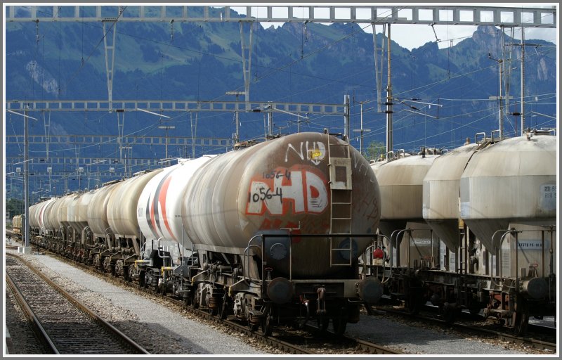 Zwei- und vierachsige Zementsilowagen in Buchs SG vor der Kette des Alpstein. (10.07.2007)