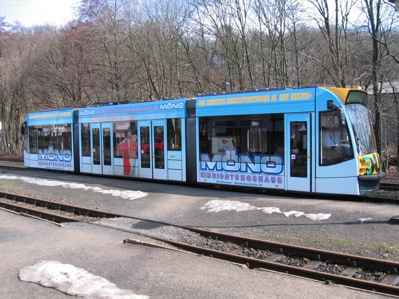 Zweisystem Straenbahn Nordhausen hier im Dieselbetrieb auf der Strecke der Harzer Schmalspur Bahn (HSB) in Ilfeld.