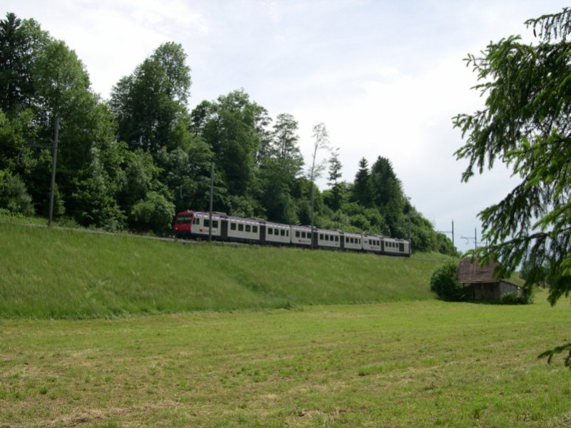 Zwischen Hasle (LU) und Entlebuch begegnen wir der S7 nach Wolhusen am 26.05.07. Wieder ist ein ehemaliger MthB-Triebzug der Bauart NPZ (Neuer Personenzug) eingesetzt. Leider blieb uns die Nummer des Fahrzeugs unbekannt. Es drfte aber, wie auch schon die Tage zuvor, RBDe 561 173-6 gewesen sein.
