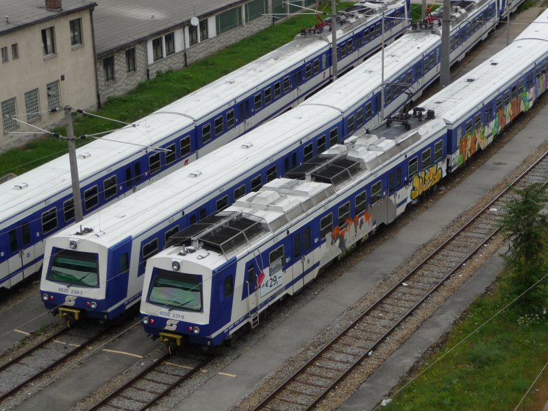 Zwischen den Stationen Wien Floridsdorf und Wien Siemensstra0e sind am 23. August 2008 sind zwei Garnituren abgestellt. Links mit Steuerwagen 6020 239-7 und rechts mit Triebwagen 4020 231-9. Der Triebwagen 4020 231-9 und der dazugehrige Zwischenwagen sind mit Graffiti bemalt.