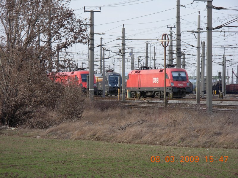 Zwischen zwei Standard-Loks lugt gerade noch die Werbe-Lok der A1 hervor (Zentralverschiebebahnhof Wien-Kledering, 8.3.2009).